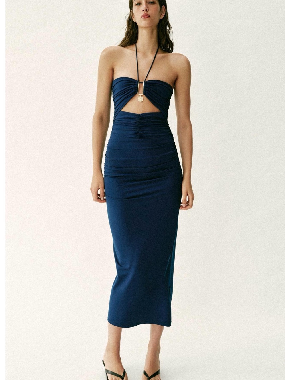 Zara Navy Strapless Cutout Ruched Midi Dress